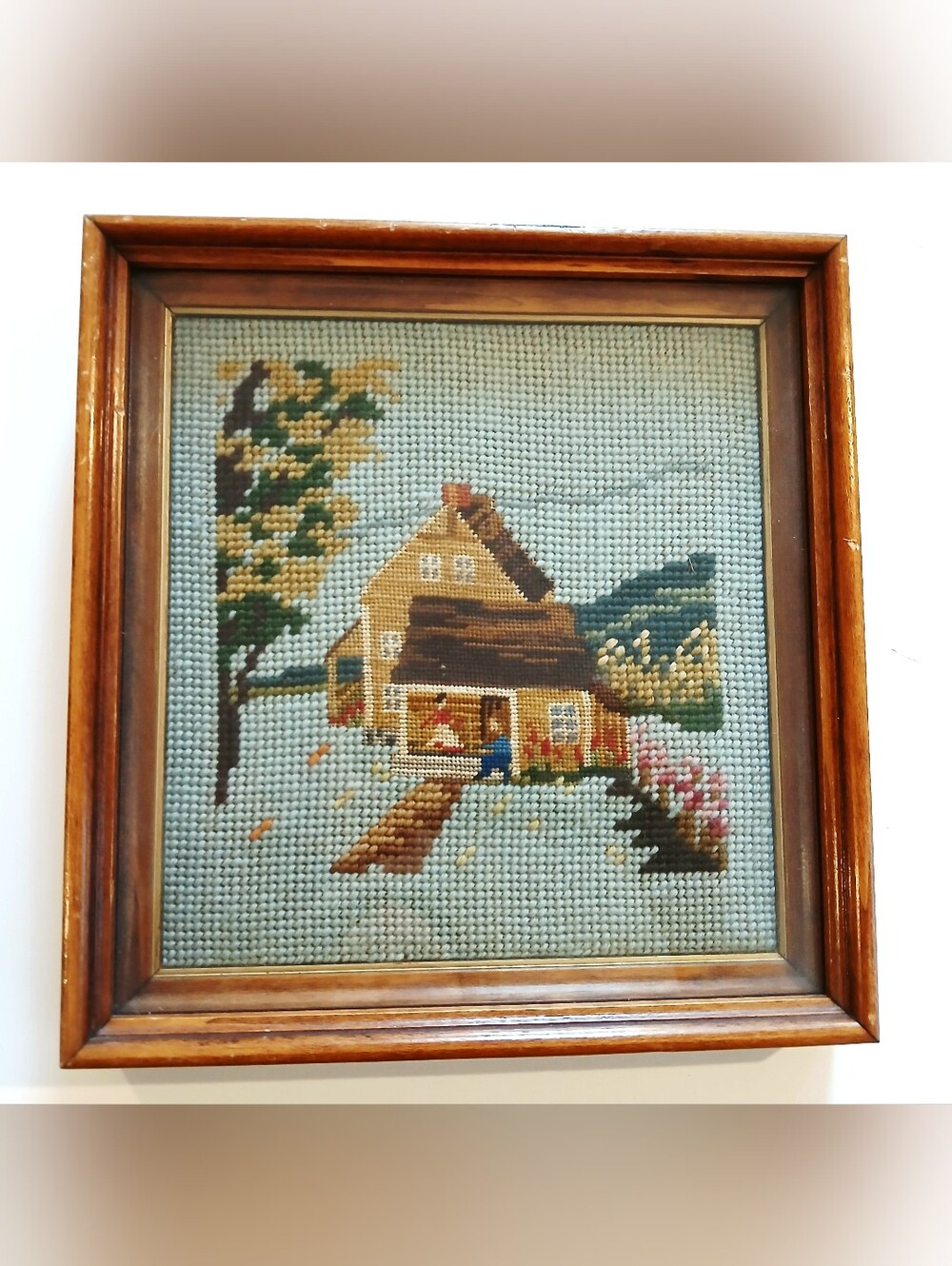Vintage Framed Cottage Needlepoint Wall Art in Muted Blues and Browns